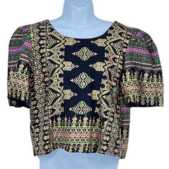 Boho Print Blouse Puff Sleeve Button Up Top Short Sleeve Handmade‎ Size XS - Picture 1 of 5